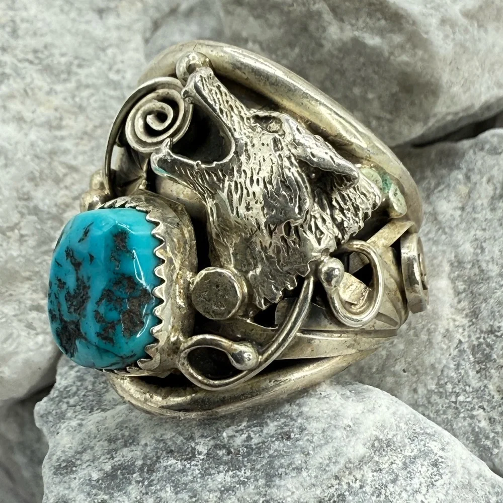 Navajo Sterling Silver Howling Wolf Turquoise Ring —Genevieve Francisco